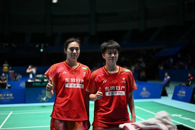 MACAO, CHINA - JUNE 19: Bao Lijing and Cao Zihan of China react after the Women s Doubles Quarterfinal match against Yi En Hsieh and Teng Chun Hsun of Chinese Taipei on day 4 of Macao Open Badminton 2026 at Macao East Asian Games Dome on June 19, 2026 in Macao, China.  Copyright: xVCGx 111649293704