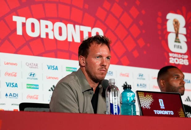 Julian Nagelsmann (Germany), head coach, and Jonathan Tah (Germany), No. 4, attend the final press conference ahead of the group stage match between Germany and Ivory Coast (USA); German National Soccer Team, press conference, Toronto, June 19, 2026 (USA), German National Soccer Team, press conference, Toronto, June 19, 2026, Toronto,detected_source_language Copyright: xEibner-Pressefoto ScottxColemanx EP_SCN