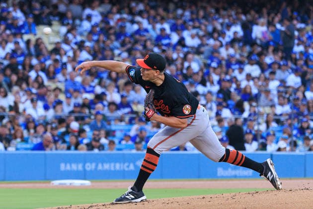 June 19, 2026, Los Angeles, California, USA: Starting pitcher, Trey Gibson 43 of the Baltimore Orioles during a regular season MLB, Baseball Herren, USA game against the Los Angeles Dodgers on Friday June 19, 2026 at Dodger Stadium in Los Angeles, California. Dodgers defeat Orioles, 6-5. JAVIER ROJAS PI Los Angeles USA - ZUMAp124 20260619_zaa_p124_010 Copyright: xJavierxRojasx