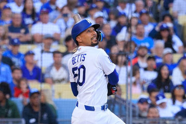 June 19, 2026, Los Angeles, California, USA: Mookie Betts 50 of the Los Angeles Dodgers hits a double during a regular season MLB, Baseball Herren, USA game against the Baltimore Orioles on Friday June 19, 2026 at Dodger Stadium in Los Angeles, California. Dodgers defeat Orioles, 6-5. JAVIER ROJAS PI Los Angeles USA - ZUMAp124 20260619_zaa_p124_012 Copyright: xJavierxRojasx