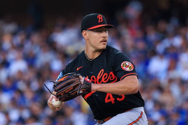June 19, 2026, Los Angeles, California, USA: Starting pitcher, Trey Gibson 43 of the Baltimore Orioles during a regular season MLB, Baseball Herren, USA game against the Los Angeles Dodgers on Friday June 19, 2026 at Dodger Stadium in Los Angeles, California. Dodgers defeat Orioles, 6-5. JAVIER ROJAS PI Los Angeles USA - ZUMAp124 20260619_zaa_p124_018 Copyright: xJavierxRojasx