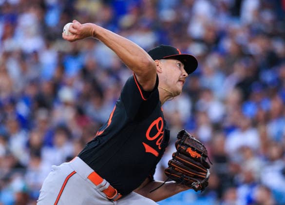 June 19, 2026, Los Angeles, California, USA: Starting pitcher, Trey Gibson 43 of the Baltimore Orioles during a regular season MLB, Baseball Herren, USA game against the Los Angeles Dodgers on Friday June 19, 2026 at Dodger Stadium in Los Angeles, California. Dodgers defeat Orioles, 6-5. JAVIER ROJAS PI Dodgers Defeat Orioles, 6-5  - ZUMAp124 20260619_zaa_p124_019 Copyright: xJavierxRojasx