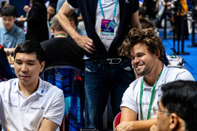 June 20, 2026, Hong Kong, Hong Kong, China: Chess Grandmasters WESLEY SO (USA) and MAGNUS CARLSEN (NOR) before a Blitz match at the 2026 FIDE World Team Rapid and Blitz Chess Championship in Hong Kong.Chess Hong Kong China - ZUMAm298 0859595893st Copyright: xJamesxModestox