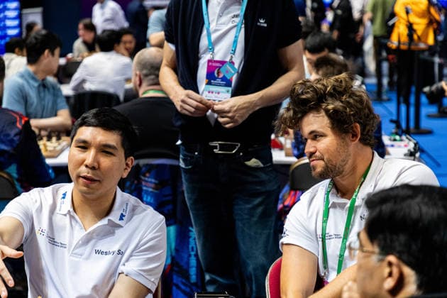 June 20, 2026, Hong Kong, Hong Kong, China: Chess Grandmasters WESLEY SO (USA) and MAGNUS CARLSEN (NOR) before a Blitz match at the 2026 FIDE World Team Rapid and Blitz Chess Championship in Hong Kong. Hong Kong China - ZUMAm298 0859596954st Copyright: xJamesxModestox