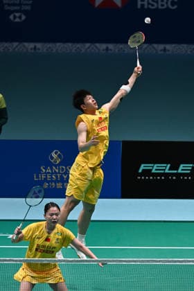MACAO, CHINA - JUNE 18: Zhu Yijun and Li Qian of China compete in the Mixed Doubles Round of 16 match against Liew Xun and Ho Lo Ee of Malaysia on day 3 of Macao Open Badminton 2026 at Macao East Asian Games Dome on June 18, 2026 in Macao, China.  Copyright: xVCGx 111648947127