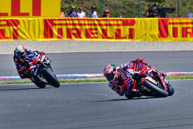 Czech Republic motorcycle Grand Prix, MotoGP World Championship, WM, Weltmeisterschaft qualification MotoGP, in Brno, Czech Republic, on June 20, 2026. From left Marco Bezzecchi of Italy, Aprilia Racing Team, and Francesco Bagnaia of Italy, Ducati Lenovo Team. (CTKxPhoto VaclavxSalek) CTKPhotoP2026062003059  CTKPhotoP2026062003059
