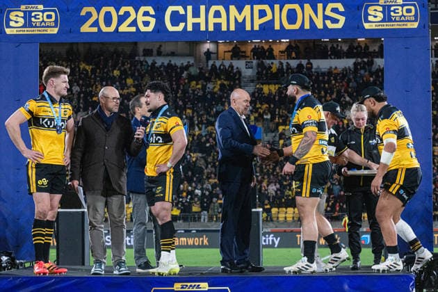 June 20, 2026, Wellington, Wellington City, New Zealand: Super Rugby Pacific 2026 Final: Hurricanes v Chiefs: June 20th, 2026, Wellington, Wellington City, New Zealand: Several members of the Hurricanes team walk on the stage to pick up their medals after their emphatic 60-5 victory over the Chiefs after the Super Rugby Pacific Final 2026 fixture between the Hurricanes and the Chiefs at the Hnry Stadium in Wellington. Super Rugby Pacific 2026 Final: Hurricanes V Chiefs  - ZUMAf189 20260620_zsp_f189_025 Copyright: xJamesxFoyx