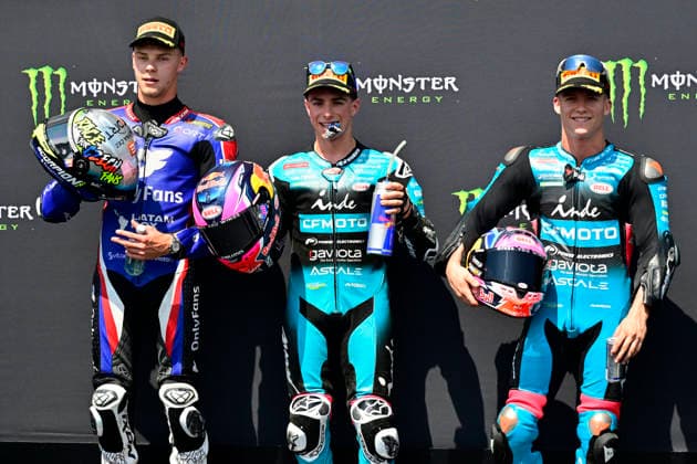 Czech Republic motorcycle Grand Prix, MotoGP World Championship, WM, Weltmeisterschaft qualification Moto2, in Brno, Czech Republic, on June 20, 2026. From left second placed Filip Salac of Czech Republic, winner David Alonso of Columbia and second placed Daniel Holgado of Spain. (CTKxPhoto VaclavxSalek) CTKPhotoP2026062003659  CTKPhotoP2026062003659