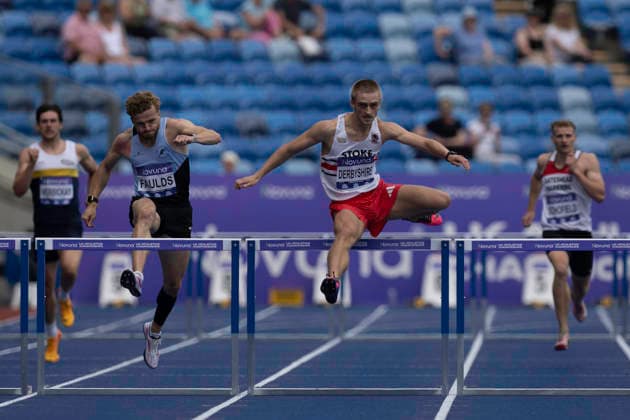 RECORD DATE NOT STATED 20th June 2026; Alexander Stadium, Birmingham, West Midlands, England; 2026 Novuna UK Athletics Championships; Seamus Derbyshire of City of Stoke AC competes in a heat in the mens 400m hurdles from Joshua Faulds of Rugby and Northampton AC in a photo finish GodfreyxPitt