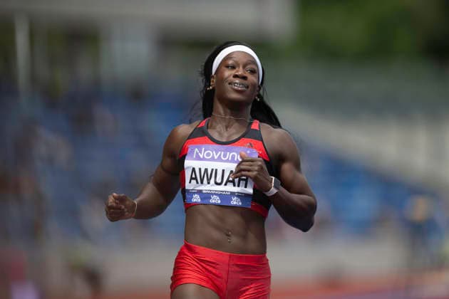 RECORD DATE NOT STATED 20th June 2026; Alexander Stadium, Birmingham, West Midlands, England; 2026 Novuna UK Athletics Championships; Kristal Ama-Awuah of Herne Hill Harriers celebrates winning a heat in the womens 100m GodfreyxPitt