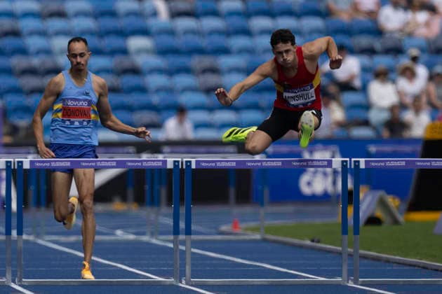 RECORD DATE NOT STATED 20th June 2026; Alexander Stadium, Birmingham, West Midlands, England; 2026 Novuna UK Athletics Championships; Jake Minshull of Coventry Godiva Harriers competes in a heat in the mens 400m hurdles alongside Tyri Donovan of Windsor Slough Eton and Hounslow AC GodfreyxPitt