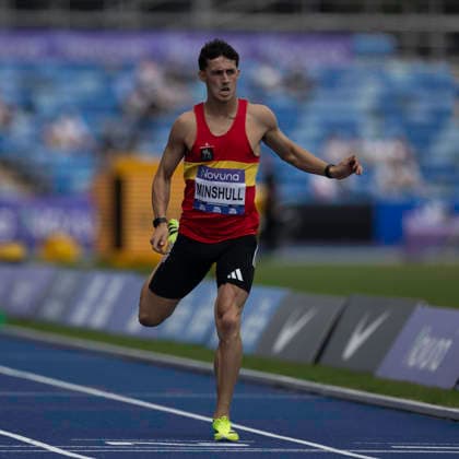 RECORD DATE NOT STATED 20th June 2026; Alexander Stadium, Birmingham, West Midlands, England; 2026 Novuna UK Athletics Championships; Jake Minshull of Coventry Godiva Harriers celebrates winning a heat in the mens 400m hurdles GodfreyxPitt