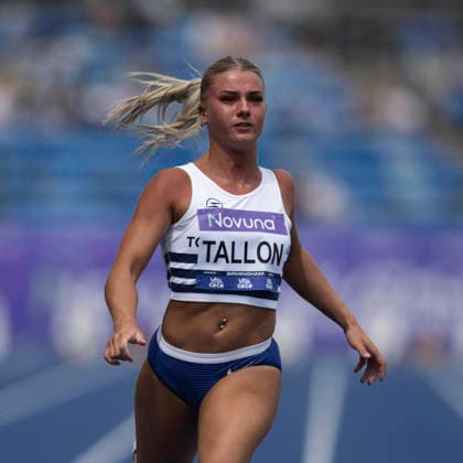 RECORD DATE NOT STATED 20th June 2026; Alexander Stadium, Birmingham, West Midlands, England; 2026 Novuna UK Athletics Championships; Lucy Tallon of Tonbridge AC celebrates winning a heat in the womens 100m GodfreyxPitt