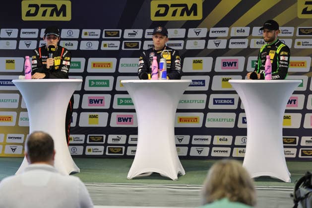 press conference, PK, Pressekonferenz after the end of the race, from left to right: Ben Dörr (D Dörr Motorsport, 25), McLaren 720S GT3 Evo, Marco Mapelli (I Red Bull Team Abt, 10), Lamborghini Temerario GT3, Ricardo Feller (CH Manthey, 90), Porsche 911 GT3 R Evo, DTM (German Touring Car Championship) - Round 3 - Race 1, DEKRA Lausitzring on 20.06.2026. Brandenburg Deutschland Copyright: xO.Franke,xSportblen.dex