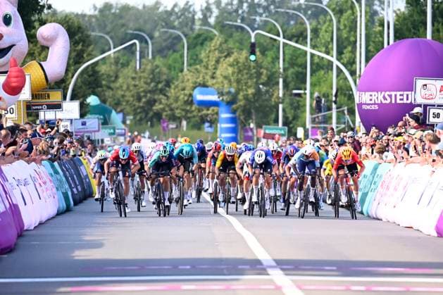 Baloise Belgium Tour 2026 Stage 4 AARSCHOT, BELGIUM - JUNE 20 : Kooij Olav (NED) of Decathlon CMA CGM Team, Philipsen Jasper (BEL) of Alpecin Premier Tech, Girmay Biniam (ERI) of NSN Cycling Team, Merlier Tim (BEL) of Soudal Quick Step in the final sprint during stage 4 of the 95th edition of Baloise Tour of Belgium an UCI ProSeries 2.Pro cycling road race stage for Men Elite of 183.5 km with start in Begijnendijk and finish in Aarschot on June 20, 2026 in Aarschot, Belgium, 20 06 2026 ( Motordriver Stephan Boone - Aarschot Belgium  Copyright: xTomasxSiskx