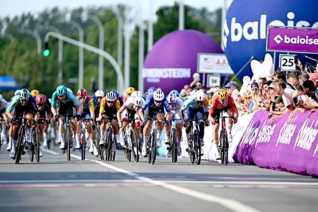 Dutch Olav Kooij of Decathlon CMA CGM Team (L), Belgian Jasper Philipsen of Alpecin-Premier Tech (3R), Eritrean Biniam Girmay of NSN Cycling Team (2R) and Belgian Tim Merlier of Soudal Quick-Step (R) sprint to the finish of stage 4 of the Baloise Belgium Tour cycling race, 183,5km from Begijnendijk to Aarschot, on Saturday 20 June 2026. The Baloise Belgium Tour takes place from 17 to 21 June. JASPERxJACOBS  x178478486x