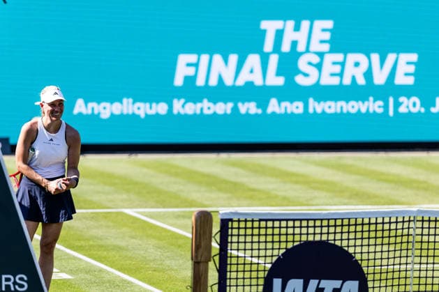 BAD HOMBURG, GERMANY - JUNE 20: Angelique Kerber (GER) watching an emotional video message during The Final Serve - Angelique Kerber (GER) vs Ana Ivanovic (SRB) at the Bad Homburg Open powered by Solarwatt at Kurpark Bad Homburg on June 20, 2026 in Bad Homburg, Germany. Hessen Germany Copyright: xSteffiexWunderlx