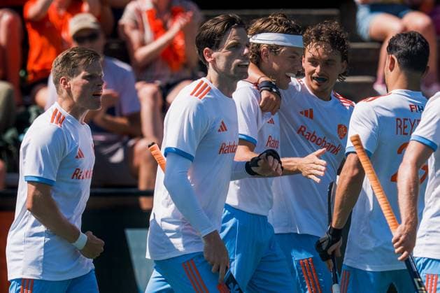 ROTTERDAM, 20-06-2026, HC Rotterdam, FIH Hockey Pro League Men, Netherlands - Germany , Season 2025-2026. Picture shows Netherlands player Koen Bijen, Netherlands player Lars Balk, Netherlands player Derck de Vilder and Netherlands player Floris Middendorp Netherands - Germany (2nd Match)  x204500879x Copyright: