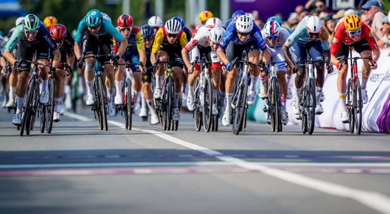 Dutch Olav Kooij of Decathlon CMA CGM Team, Belgian Jasper Philipsen and Eritrean Biniam Girmay of NSN Cycling Team sprint to the finish of stage 4 of the Baloise Belgium Tour cycling race, 183,5km from Begijnendijk to Aarschot, on Saturday 20 June 2026. The Baloise Belgium Tour takes place from 17 to 21 June. JASPERxJACOBS  x178481882x
