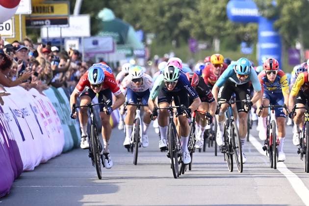 Baloise Belgium Tour 2026 Stage 4 AARSCHOT, BELGIUM - JUNE 20 : Merlier Tim (BEL) of Soudal Quick Step, Kooij Olav (NED) of Decathlon CMA CGM Team in the final sprint during stage 4 of the 95th edition of Baloise Tour of Belgium an UCI ProSeries 2.Pro cycling road race stage for Men Elite of 183.5 km with start in Begijnendijk and finish in Aarschot on June 20, 2026 in Aarschot, Belgium, 20 06 2026 ( Motordriver Stephan Boone - Aarschot Belgium  Copyright: xTomasxSiskx