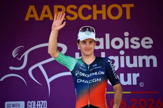 Baloise Belgium Tour 2026 Stage 4 AARSCHOT, BELGIUM - JUNE 20 : Kooij Olav (NED) of Decathlon CMA CGM Team on the podium during stage 4 of the 95th edition of Baloise Tour of Belgium an UCI ProSeries 2.Pro cycling road race stage for Men Elite of 183.5 km with start in Begijnendijk and finish in Aarschot on June 20, 2026 in Aarschot, Belgium, 20 06 2026 ( Motordriver Stephan Boone - Aarschot Belgium  Copyright: xTomasxSiskx