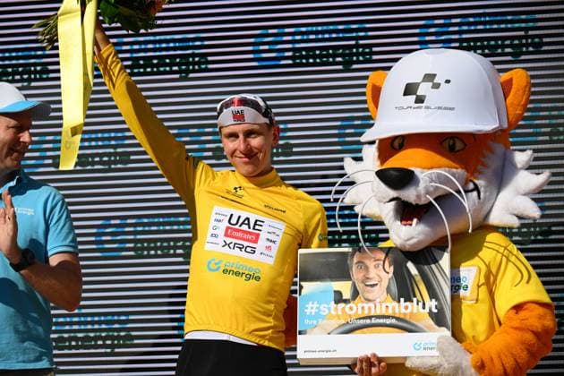 Tour de Suisse 2026 Stage 4 AARBURG, SWITZERLAND - JUNE 20 : Pogacar Tadej (SLO) of UAE Team Emirates XRG on the podium during stage 4 of the 89th edition of Tour de Suisse an UCI World Tour 2.UWT Individual Time Trial stage for Men Elite of 23.8 km with start in Aarburg and finish in Aarburg on June 20, 2026 in Aarburg, Switzerland, 20 06 2026 ( Motordriver Guy De Vuyst - Aarburg Switzerland  Copyright: xVincentxKalutx
