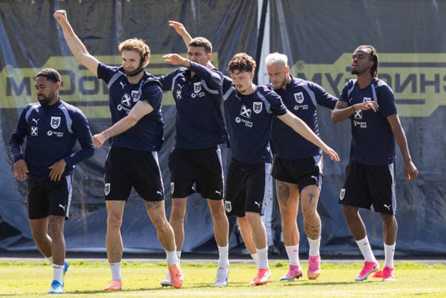SOCCER - FIFA World Cup, WM, Weltmeisterschaft, Fussball 2026, preview SANTA BARBARA,CALIFORNIA,USA,20.JUN.26 - SOCCER - FIFA World Cup 2026, USA, Mexico, Canada, preview, Oesterreichischer Fussball-Bund, training team AUT. Image shows Phillipp Mwene, Stefan Posch, Dejan Ljubicic, Paul Wanner Marko Arnautovic and Carney Chukwuemeka (AUT).  GEPAxpictures xArminxRauthner
