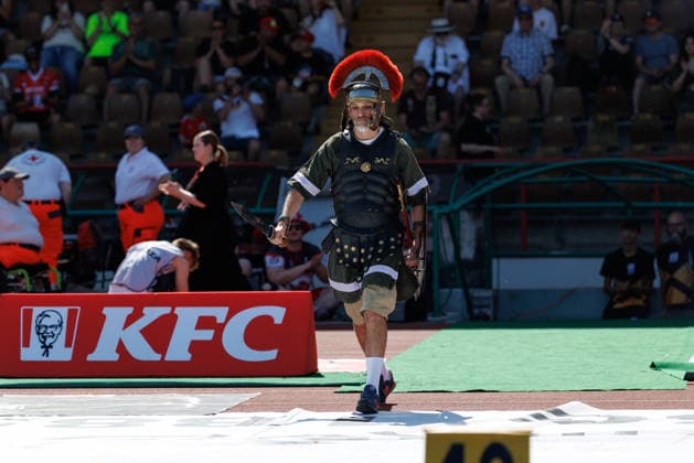 Centurion at the game between the Augsburg Centurions and the Gießen Golden Dragons, American football, mens, GFL2, 2026, Matchday 7 on June 20, 2026, in Augsburg, Rosenaustadion, Bavaria, Germany,detected_source_language