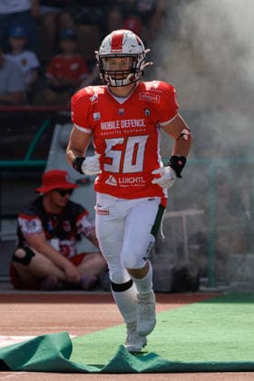 Maximilian Naegele, 50, of the Augsburg Centurions during the game between the Augsburg Centurions and the Gießen Golden Dragons, American football, mens, GFL2, 2026, Matchday 7 on June 20, 2026, in Augsburg, Rosenaustadion, Bavaria, Germany,detected_source_language