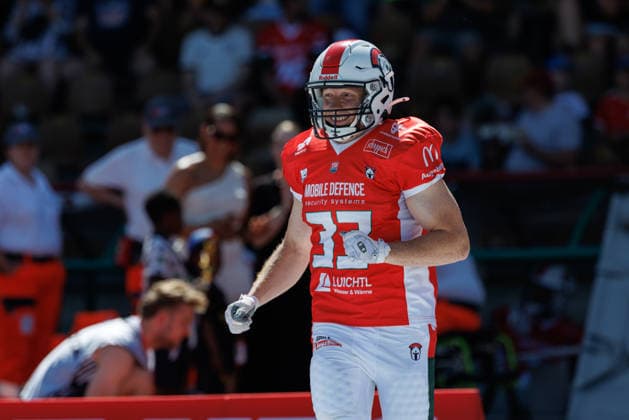 Samuel Stickroth, 33, of the Augsburg Centurions during the game between the Augsburg Centurions and the Gießen Golden Dragons, American football, mens, GFL2, 2026, Matchday 7 on June 20, 2026, in Augsburg, Rosenaustadion, Bavaria, Germany,detected_source_language