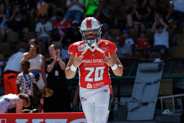 Alexander Weissbeck, 20, of the Augsburg Centurions during the game between the Augsburg Centurions and the Gießen Golden Dragons, American football, mens, GFL2, 2026, Matchday 7 on June 20, 2026, in Augsburg, Rosenaustadion, Bavaria, Germany,detected_source_language