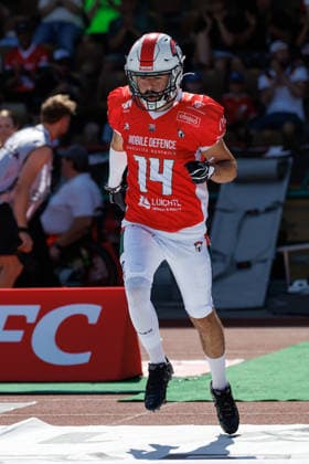 Demir Kartal 14, Augsburg Centurions during the game between the Augsburg Centurions and the Gießen Golden Dragons, American football, mens, GFL2, 2026, Matchday 7 on June 20, 2026, in Augsburg, Rosenaustadion, Bavaria, Germany,detected_source_language