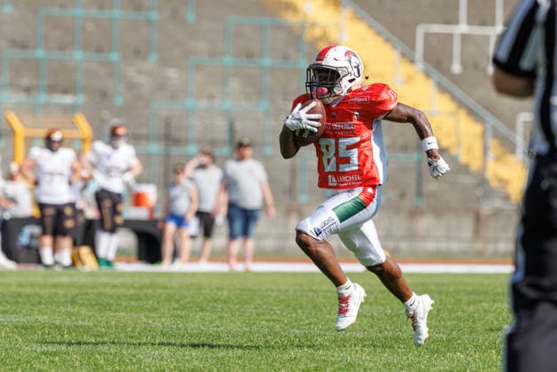 Jalin Goodman 85, Augsburg Centurions, during the game between the Augsburg Centurions and the Gießen Golden Dragons, American football, mens, GFL2, 2026, Matchday 7 on June 20, 2026, in Augsburg, Rosenaustadion, Bavaria, Germany,detected_source_language