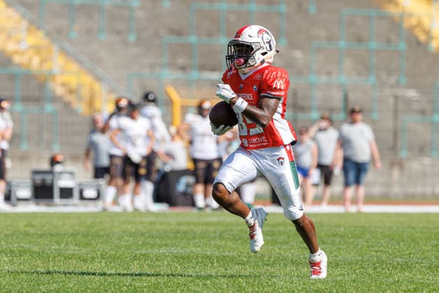 Jalin Goodman 85, Augsburg Centurions, during the game between the Augsburg Centurions and the Gießen Golden Dragons, American football, mens, GFL2, 2026, Matchday 7 on June 20, 2026, in Augsburg, Rosenaustadion, Bavaria, Germany,detected_source_language