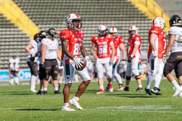 Jalin Goodman 85, Augsburg Centurions, during the game between the Augsburg Centurions and the Gießen Golden Dragons, American football, mens, GFL2, 2026, Matchday 7 on June 20, 2026, in Augsburg, Rosenaustadion, Bavaria, Germany,detected_source_language