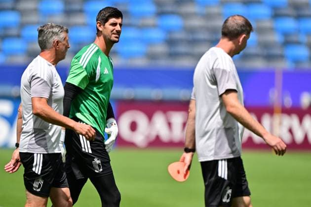 Belgium s goalkeeper coach Guy Martens, Belgium s goalkeeper Thibaut Courtois and Belgium s goalkeeper coach Frederic De Boever pictured during a training session of Belgian national soccer team Red Devils at the LA Galaxy stadium in Los Angeles, USA, on Saturday 20 June 2026. The Red Devils prepare for their second game in the group stage of the 2026 FIFA World Cup, WM, Weltmeisterschaft, Fussball DIRKxWAEM  x178495633x