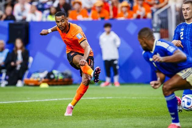 HOUSTON, 20-06-2026, Houston Stadium, Match between The Netherlands and Sweden. Picture shows Netherlands player Cody Gakpo scores the 4-0. Netherlands - Sweden (World Cup 2026)  x204503576x Copyright: