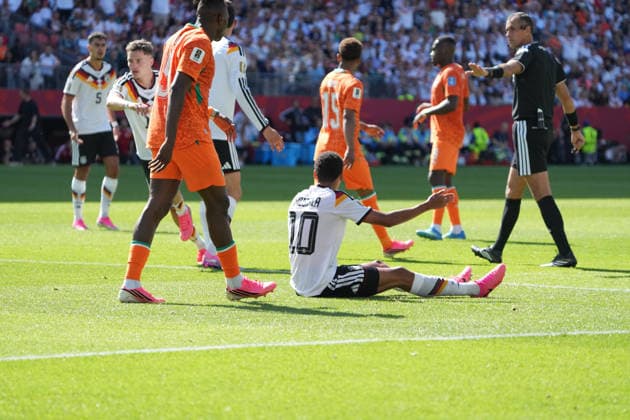 Jamal Musiala (Germany) is fouled in the penalty area and protests. Toronto, June 20, 2026