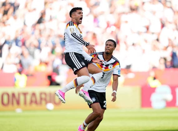Nadiem Amiri (Germany), 20, and Felix Nmecha (Germany), 23, celebrate after a goal for Germany CAN, FIFA World Cup, Germany vs. Ivory Coast, Toronto, June 20, 2026 CAN, FIFA World Cup, Germany vs. Ivory Coast, Toronto, June 20, 2026, Toronto,detected_source_language Copyright: xEibner-Pressefoto ScottxColemanx EP_SCN