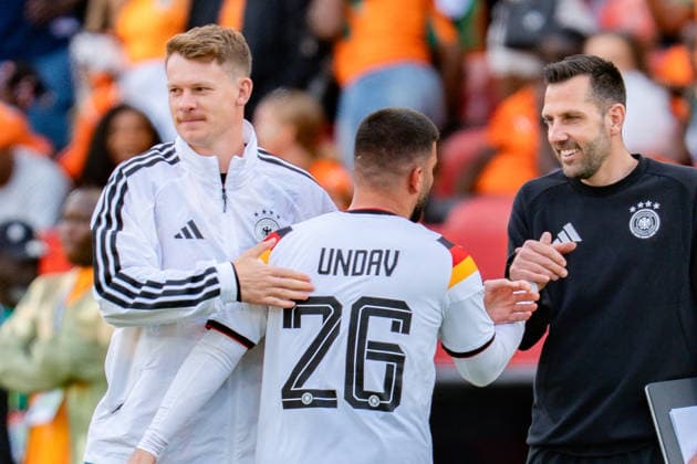 2026 FIFA World Cup, Group E, Match 2, Germany vs. Ivory Coast, June 20, 2026, at Toronto Stadium, Toronto. Deniz Undav of Germany is celebrated after the final whistle alongside Alexander Nübel of Germany.,detected_source_language Copyright: xBahhoxKarax