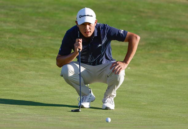 Collin Morikawa lines up a putt on the 14th green during the third round of the 126th U.S. Open Golf Championship at Shinnecock Hills Golf Club in Southampton, NY, on Saturday, June 20, 2026.  NYC20260620817 JOHNxANGELILLO