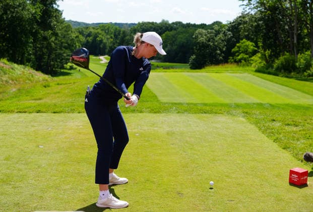 BELMONT, MI - JUNE 20: LPGA, Golf Damen player Cassie Porter plays her tee shot on the 12th hole on June 20, 2026, during the third round of the LPGA Meijer LPGA Classic for Simply Give at Blythefield Country Club in Belmont, Michigan. (Photo by Brian Spurlock Icon Sportswire) GOLF: JUN 20 LPGA Meijer LPGA Classic for Simply Give EDITORIAL USE ONLY Icon26062021