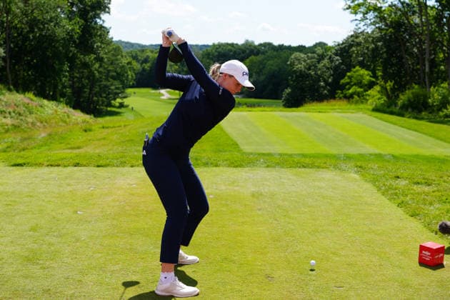 BELMONT, MI - JUNE 20: LPGA, Golf Damen player Cassie Porter plays her tee shot on the 12th hole on June 20, 2026, during the third round of the LPGA Meijer LPGA Classic for Simply Give at Blythefield Country Club in Belmont, Michigan. (Photo by Brian Spurlock Icon Sportswire) GOLF: JUN 20 LPGA Meijer LPGA Classic for Simply Give EDITORIAL USE ONLY Icon26062023