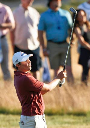 Matt Fitzpatrick of England hits his second shot on the 15th hole during the third round of the 126th U.S. Open Golf Championship at Shinnecock Hills Golf Club in Southampton, NY, on Saturday, June 20, 2026.  NYC20260620823 JOHNxANGELILLO