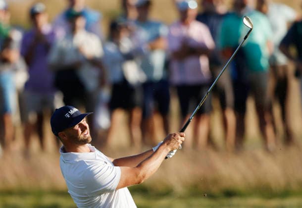 Wyndham Clark hits his second shot on the 15th hole during the third round of the 126th U.S. Open Golf Championship at Shinnecock Hills Golf Club in Southampton, NY, on Saturday, June 20, 2026.  NYC20260620825 JOHNxANGELILLO