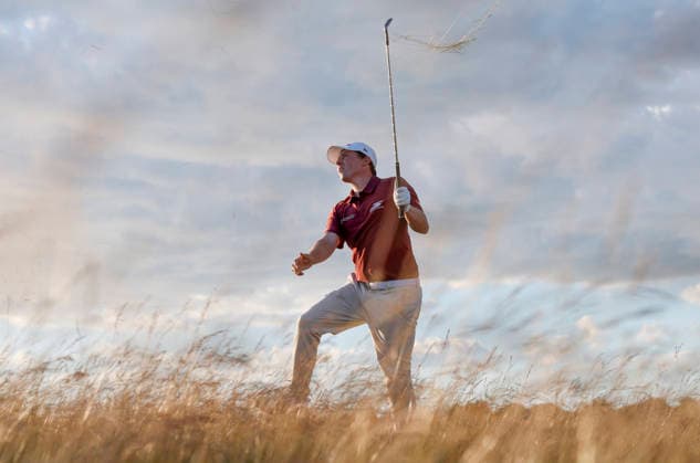 Matt Fitzpatrick of England hits out of the rough on the 16th hole during the third round of the 126th U.S. Open Golf Championship at Shinnecock Hills Golf Club in Southampton, NY, on Saturday, June 20, 2026.  NYC20260620830 JOHNxANGELILLO