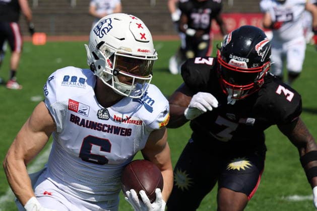 Leon Kusterer (Braunschweig Lions, 06) runs with the ball, Düsseldorf Panther vs Braunschweig Lions, American Football, GFL, German Football League, Season 2026, Week 7, 20.06.2026, Photo: Foot Bowl Klaus Sack Düsseldorf Stadion VfL Benrath Deutschland Copyright: xFootxBowl KlausxSackx