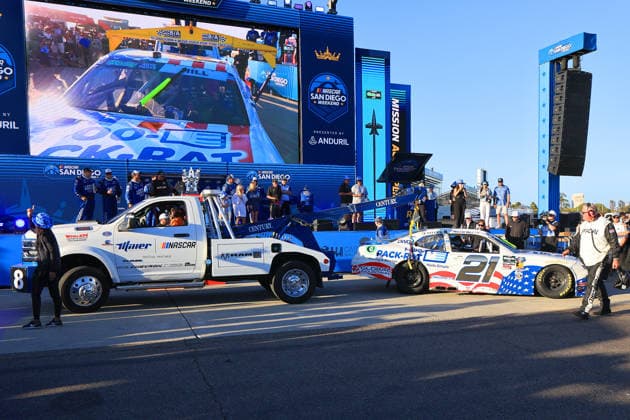 SAN DIEGO, CA - JUNE 20: A tow truck brings the race winning car of Austin Hill ( 21 Richard Childress Racing 1-800-PACK-RAT Chevrolet) to Victory Lane after the NASCAR, Motorsport, USA Cup Series Anduril 250 Race the Base race on Saturday June 20, 2026 at Naval Base Coronado in San Diego, CA. (Photo by David J. Griffin Icon Sportswire) AUTO: JUN 20 NASCAR Cup Series Anduril 250 Race the Base EDITORIAL USE ONLY Icon9532606205097