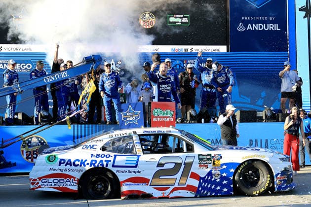 SAN DIEGO, CA - JUNE 20: Austin Hill ( 21 Richard Childress Racing 1-800-PACK-RAT Chevrolet) celebrates in Victory Lane after winning the NASCAR, Motorsport, USA Cup Series Anduril 250 Race the Base race on Saturday June 20, 2026 at Naval Base Coronado in San Diego, CA. (Photo by David J. Griffin Icon Sportswire) AUTO: JUN 20 NASCAR Cup Series Anduril 250 Race the Base EDITORIAL USE ONLY Icon9532606205195