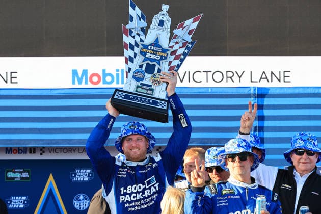 SAN DIEGO, CA - JUNE 20: Austin Hill ( 21 Richard Childress Racing 1-800-PACK-RAT Chevrolet) celebrates in Victory Lane after winning the NASCAR, Motorsport, USA Cup Series Anduril 250 Race the Base race on Saturday June 20, 2026 at Naval Base Coronado in San Diego, CA. (Photo by David J. Griffin Icon Sportswire) AUTO: JUN 20 NASCAR Cup Series Anduril 250 Race the Base EDITORIAL USE ONLY Icon9532606205270